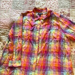 Lands' End Red and Orange Casual Button Down Shirt Women’s Tunic